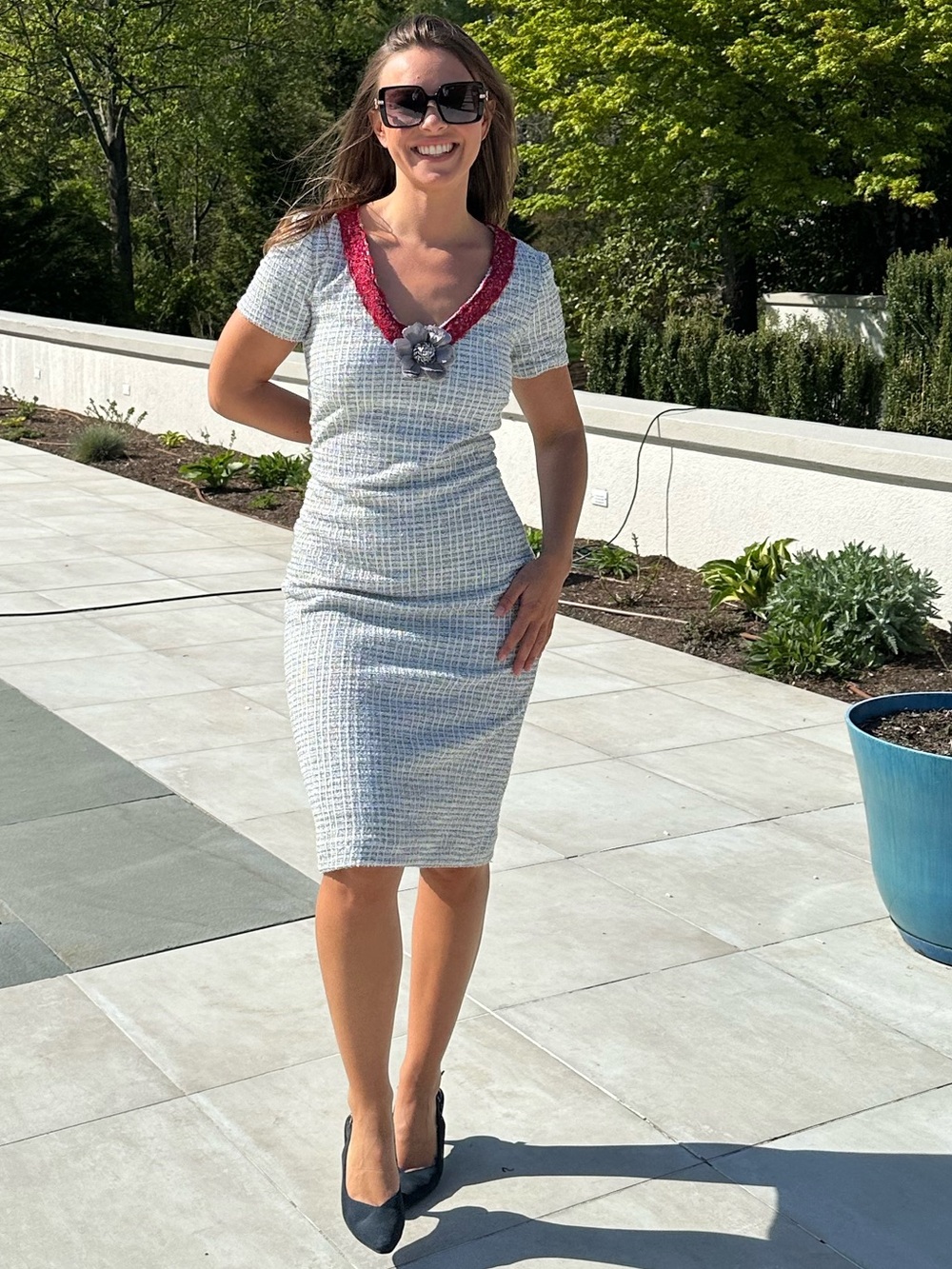 NWOT Handmade Black/White/Silver Tweed Midi Dress With Burgundy Lace Trim